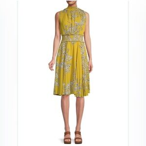 Nanette Lepore Yellow Floral High Neck Sleeveless Smocked Pleated Dress Size 8